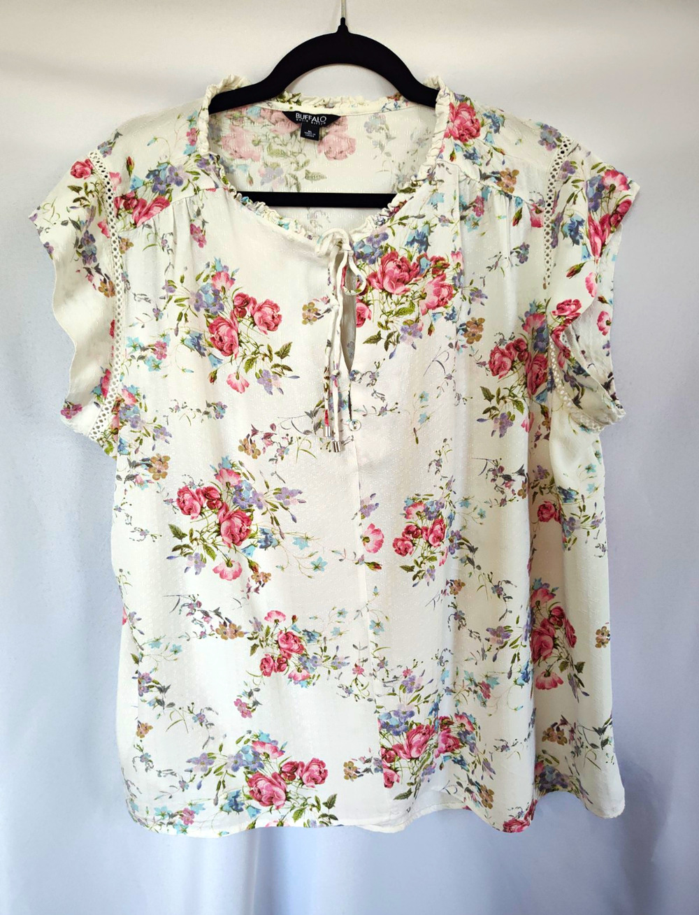 Buffalo David Bitton Womens XL White Floral Tie Neck Short Sleeve Blouse